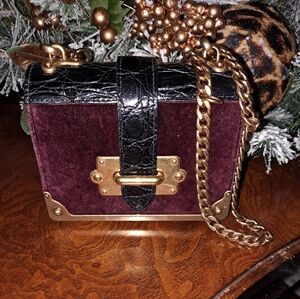 Prada Coccodrillo-Trummed Velluto Micro Cshier Chain Crossbody Bag. Burgundy